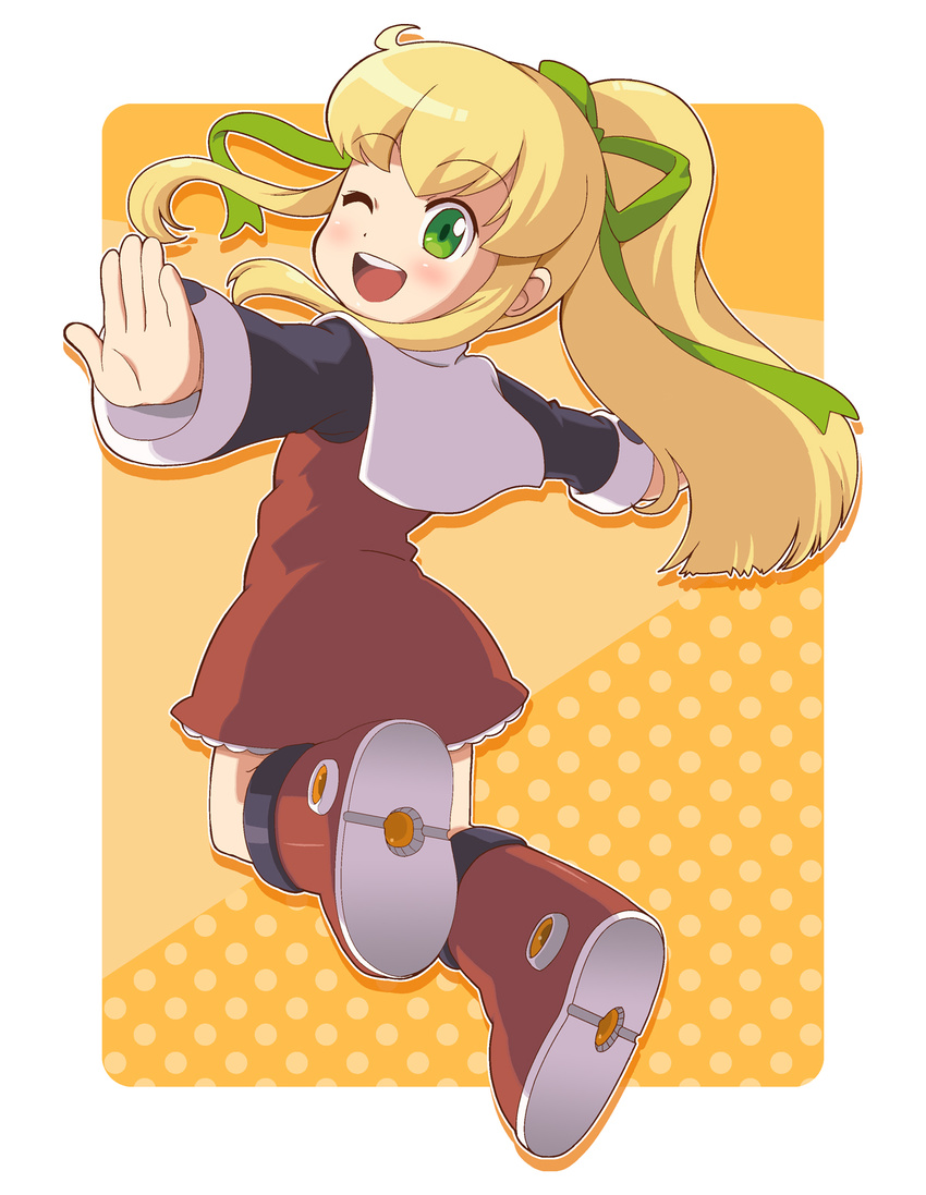 blonde_hair boots dress full_body green_eyes hair_ribbon highres ki_(adotadot) long_hair long_sleeves midair one_eye_closed open_mouth outstretched_arms ponytail red_skirt ribbon rockman rockman_(classic) roll sidelocks skirt solo yellow_background