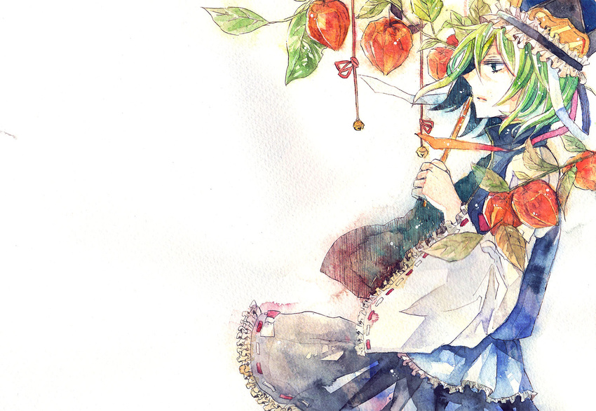 blue_eyes chinese_lantern_(plant) green_hair hat rod_of_remorse shiki_eiki shiratsuyu solo touhou wide_sleeves