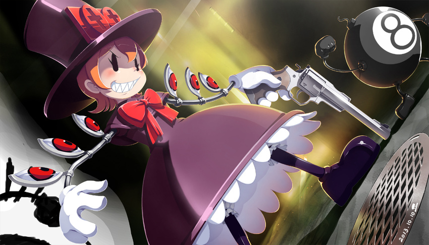 bloomers bomb bow clenched_hand commentary dated drain_(object) dress dutch_angle extra_eyes eye_socket george_the_bomb gloves grin gun handgun hat mechanical_arms orange_hair peacock_(skullgirls) rapama red_eyes revolver shadow sharp_teeth short_hair skullgirls smile teeth top_hat underwear weapon white_gloves