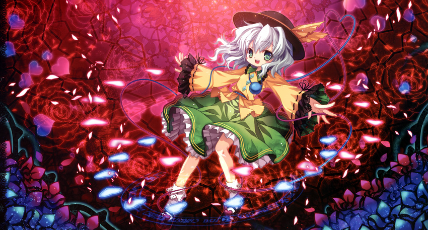 1girl absurdres capura_lin danmaku flower green_eyes hat heart highres huge_filesize komeiji_koishi petals rose short_hair silver_hair solo touhou