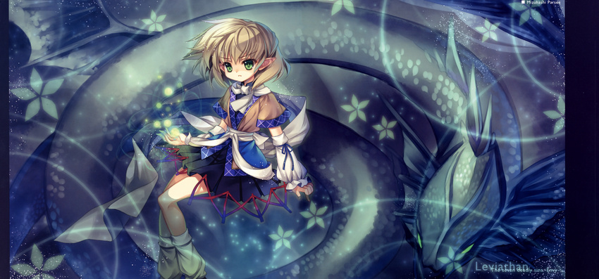 1girl absurdres arm_warmers blonde_hair capura_lin green_eyes highres huge_filesize incredibly_absurdres long_image mizuhashi_parsee pointy_ears scarf short_hair solo touhou wide_image