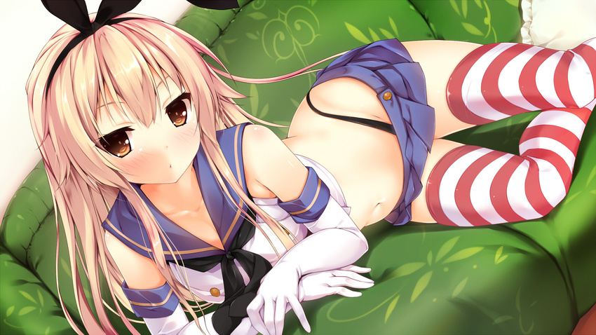 alternate_eye_color anchor black_panties blonde_hair blush bow couch dutch_angle elbow_gloves gloves hair_bow hair_ornament hairband highres kantai_collection long_hair looking_at_viewer lying nironiro on_side panties pillow red_eyes shimakaze_(kantai_collection) solo striped striped_legwear thighhighs underwear white_gloves