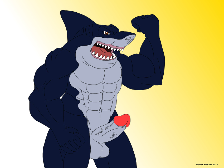 2013 abs anthro balls biceps big_muscles blue_skin dorsal_fin erection fangs fin fish fishmen flexing great_white_shark looking_at_viewer male marine maxime-jeanne muscles mutant nude open_mouth pecs penis pose ripster shark solo standing street_sharks tongue topless vein