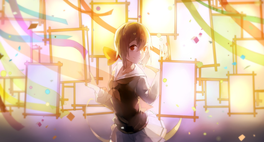 bad_id bad_pixiv_id bow brown_hair hair_bow koto_(kyousougiga) kyousougiga long_hair looking_at_viewer nine_(liuyuhao1992) ponytail red_eyes school_uniform serafuku skirt smile solo window