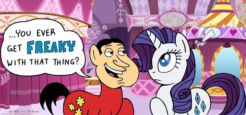 absurd_res blue_eyes blush crossover cutie_mark dialog duo english_text equine family_guy female feral friendship_is_magic frown fur glenn_quagmire hair half-closed_eyes half_closed_eyes hi_res horn horse long_hair male mammal my_little_pony open_mouth pony purple_hair quagmire rarity_(mlp) redapropos smile teeth text tongue unicorn white_fur