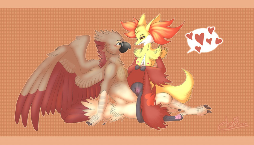 &lt;3 5_fingers anthro avian beak black_nose blue_eyes breasts canine chakisuu claws delphox duo eyelashes eyewear feathers female fennec fox fur glasses happy hawk hi_res male mammal nintendo nipples on_floor on_top orange_background orange_eyes orange_fur plain_background pok&#233;mon pok&eacute;mon presenting presenting_pussy pussy red_fur smile squint straight toe_claws video_games white_eyes wings yellow_fur