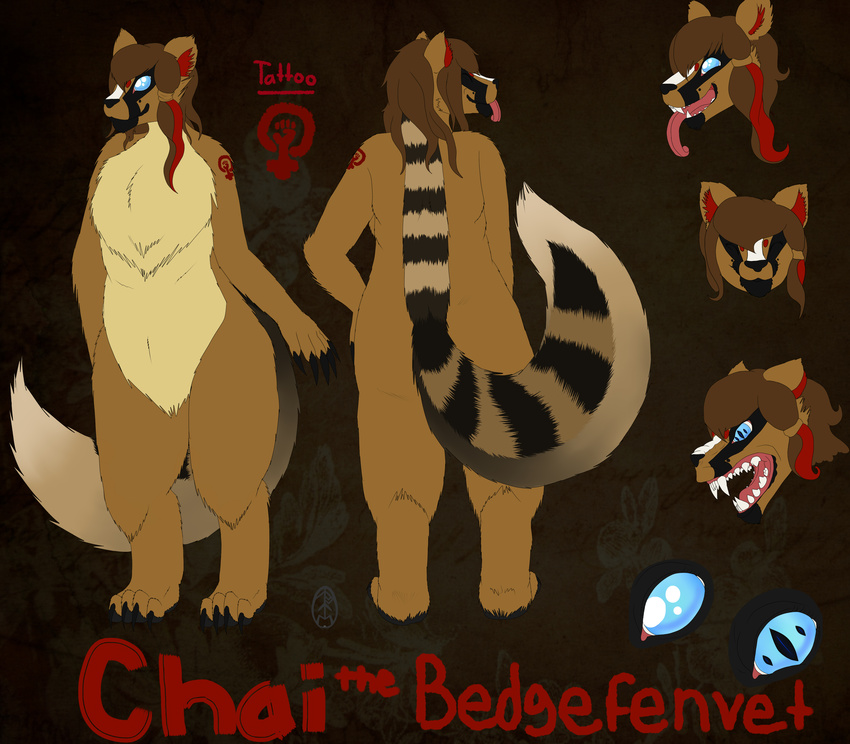 african_civet badger baring_fangs bear blue_eyes canine chai chubby claws female feminist fennec fluffy_tail fox fursona hi_res hybrid_bear katekawetha long_tongue mammal model_sheet mustelid tattoo tongue