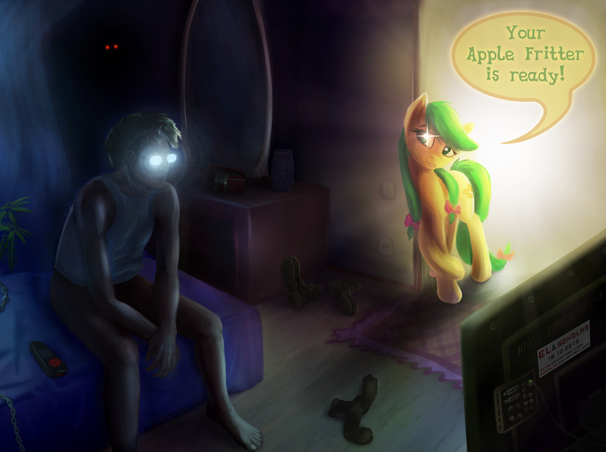 apple_fritter_(mlp) bed bedroom borderlands bottomless bow computer cutie_mark el42 equine eyewear female feral friendship_is_magic fur glasses horse human male mammal my_little_pony pony pose sitting smile sokolas text yellow_fur