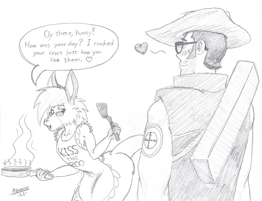 &lt;3 adamios apron cooking couple eyewear female frying_pan glasses greyscale hat kangaroo male mammal marsupial monochrome pencils sniper_(team_fortress_2) spatula team_fortress_2 wife