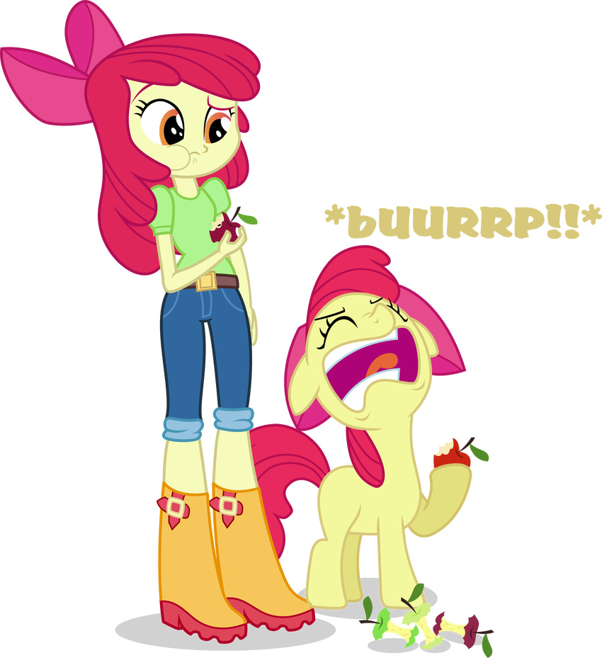 absurd_res apple_bloom_(eg) apple_bloom_(mlp) bow burping clothing equestria_girls equine female feral friendship_is_magic hair hampshireukbrony hi_res horse human mammal my_little_pony pants pony red_hair smile square_crossover vector-brony