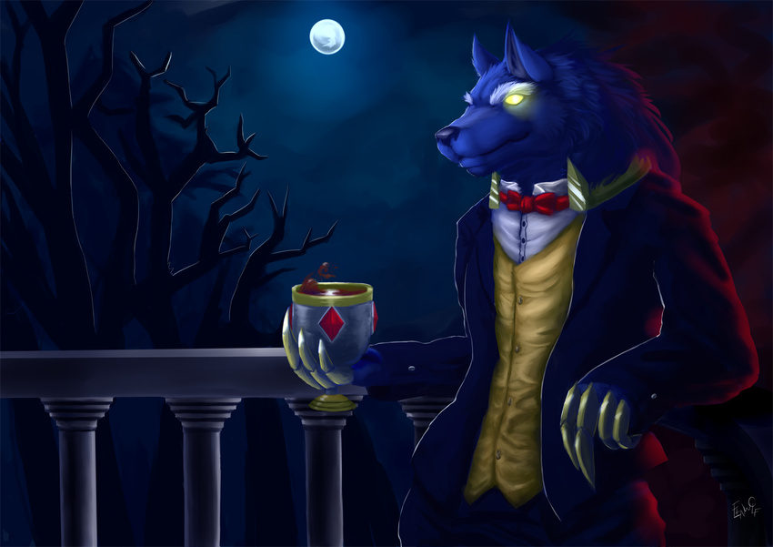 balcony blue_nose bow button canine claws clothing cum drink fenrirwolfen fur glowing grasp happy hi_res holding league_of_legends looking_at_viewer male mammal moon night night_sky outside pants plant raised_arm shadow shiny shirt smile solo standing suit tree warwick were werewolf white_fur wolf wood yellow_eyes
