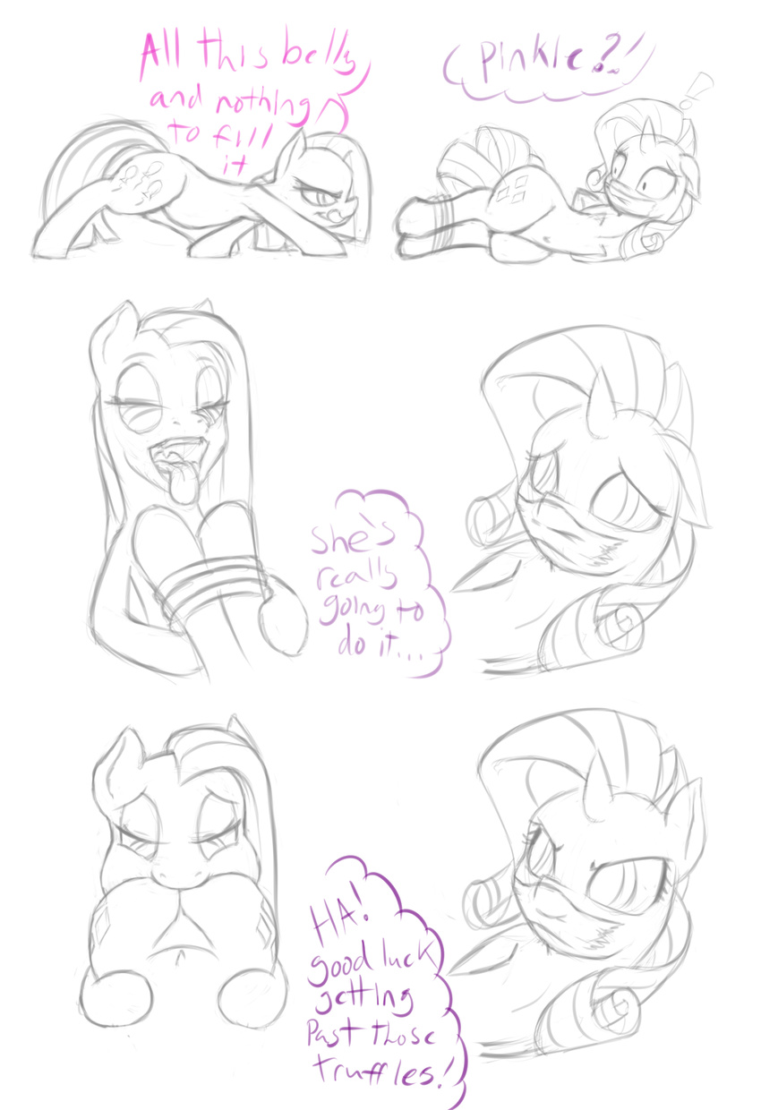 bound cutie_mark dialog duct_tape duo english_text equine female feral friendship_is_magic hair half-closed_eyes horn horse lying mammal my_little_pony on_side open_mouth pinkamena_(mlp) pinkie_pie_(mlp) pony rarity_(mlp) shdingo text tongue unicorn vorarephilia vore
