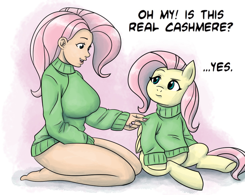 equine female feral fluttershy_(mlp) friendship_is_magic horse human humanized mammal megasweet my_little_pony pony sweater text