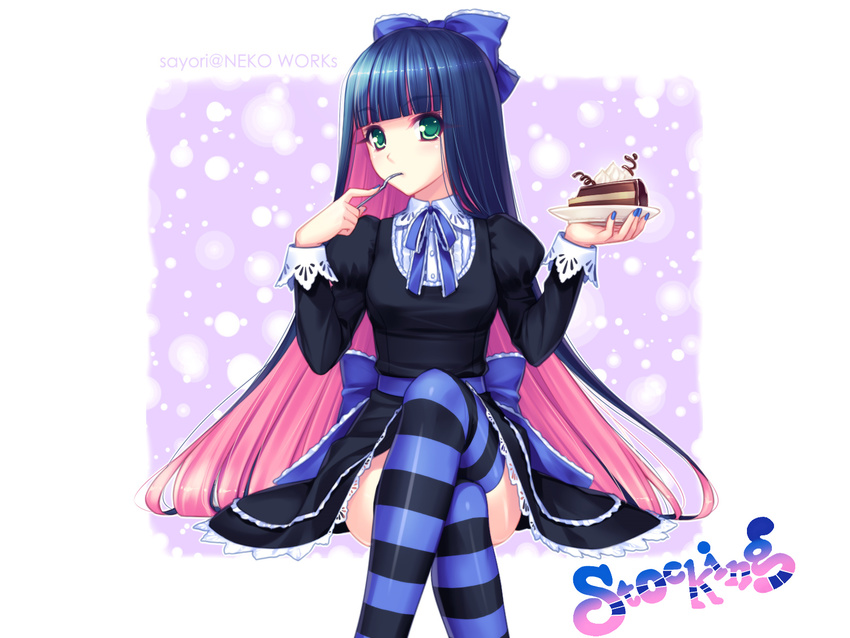 blue_hair bow cake dress food green_eyes long_hair panty_&amp;_stocking_with_garterbelt photoshop pink_hair ribbons sayori stocking_(character) thighhighs