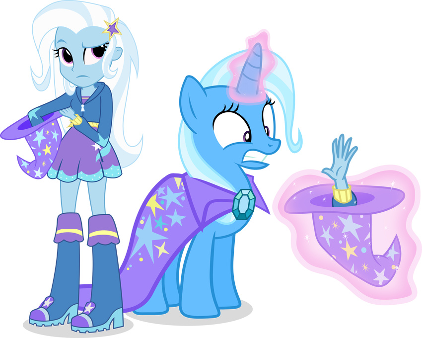 absurd_res alpha_channel blue_hair boots cape clothing duo equestria_girls equine female friendship_is_magic glowing hair hampshireukbrony hi_res hoodie horn horse human magic mammal my_little_pony plain_background pony portal purple_eyes skirt sparkles square_crossover transparent_background trixie_(eg) trixie_(mlp) two_tone_hair unicorn vector-brony white_hair wizard_hat