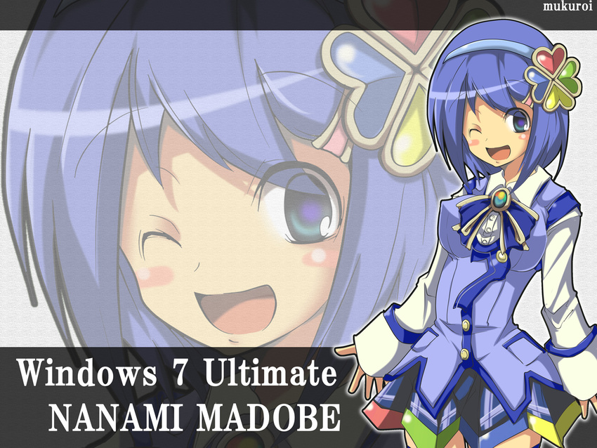 7 bicolored_eyes blue_hair bow green_eyes madobe_nanami microsoft mukuroi os-tan purple_eyes short_hair skirt windows wink zoom_layer