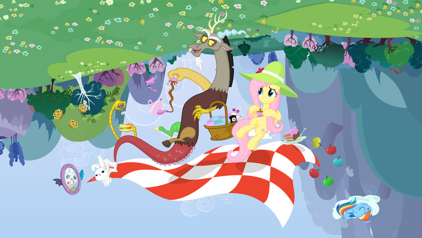 angel_(mlp) antler antlers apple blue_eyes cake cloud cutie_mark discord_(mlp) draconequus equine female feral flower fluttershy_(mlp) food forest fork friendship_is_magic fruit fur group hair hat hi_res horn horse lagomorph long_hair male mammal muffin multi-colored_hair my_little_pony open_mouth outside pegasus picnic_blanket pink_hair pony rabbit rainbow_dash_(mlp) rainbow_hair red_eyes sandwich_(food) smile teapot tongue tree upside_down wings yellow_fur zimvader42