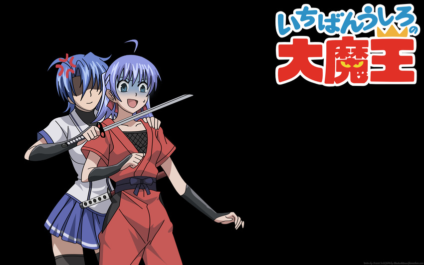 black blue_eyes blue_hair elbow_gloves hattori_junko hattori_yuuko ichiban_ushiro_no_daimaou katana logo ninja seifuku short_hair skirt sword thighhighs vector watermark weapon