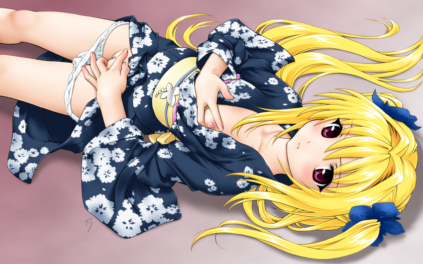 blonde_hair erect_nipples fuji_shinobu golden_darkness japanese_clothes kimono long_hair masturbation nipple_slip nipples panties panty_pull red_eyes to_love_ru twintails uncensored underwear vagina