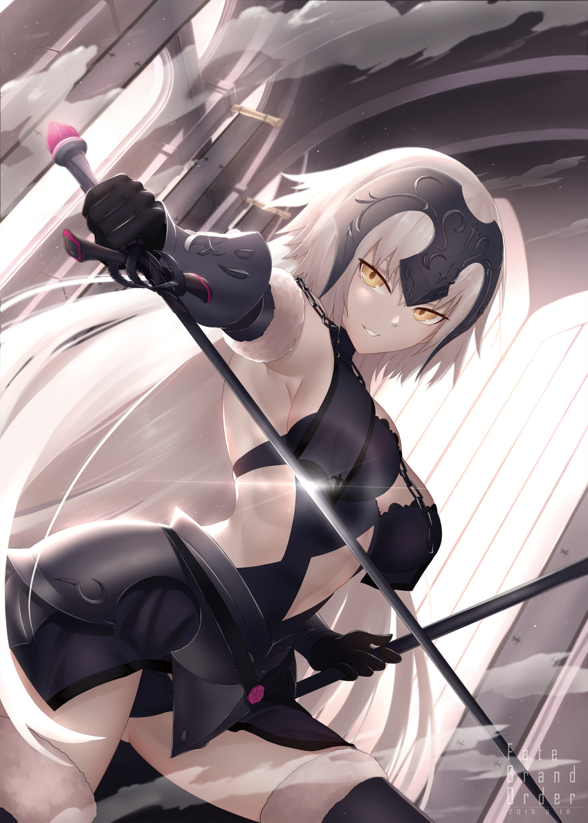 1girl ahoge arch armpits black_dress breasts bu_li center_opening chains commentary_request dress dutch_angle eyebrows_visible_through_hair fate/grand_order fate_(series) faulds fur_trim gauntlets grin headpiece highres holding holding_sword holding_weapon indoors jeanne_d'arc_(alter)_(fate) jeanne_d'arc_(fate)_(all) large_breasts long_hair navel silver_hair smile sword thighhighs tsurime vapors weapon windows yellow_eyes