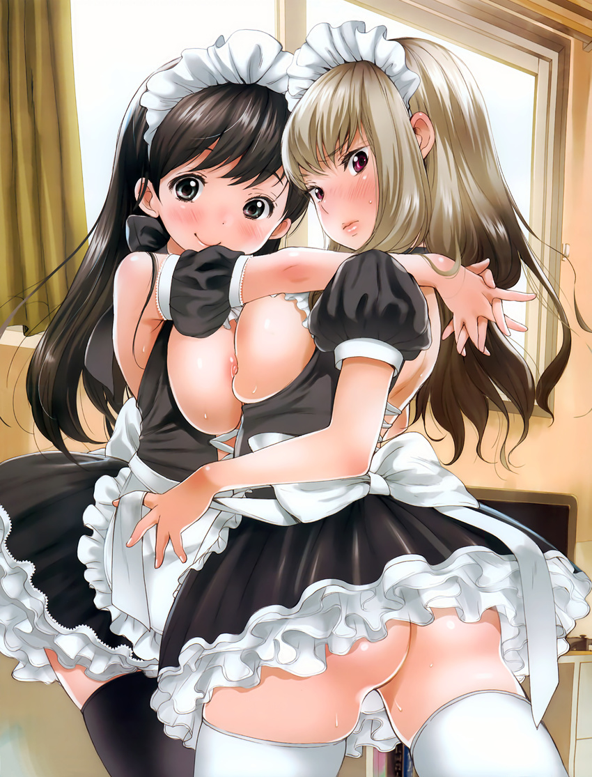 apron arms_around_neck ass black_hair black_legwear blue_eyes blush breast_press breasts brown_hair detached_sleeves highres inuburo large_breasts lips long_hair looking_at_viewer looking_back maid maid_headdress multiple_girls nipples no_panties original puffy_sleeves red_eyes scan shiny shiny_skin smile sweat symmetrical_docking thighhighs top_pull white_legwear