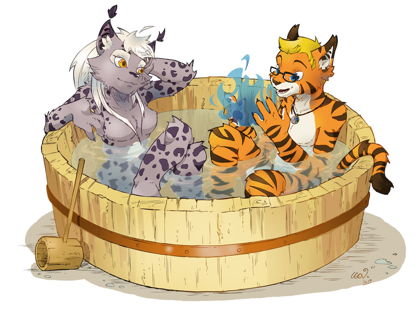 abstract_background bathtub black_fur blonde_hair blue_eyes breasts duo eyewear feline female fur glasses hair leoian leoian_(character) looking lynx male mammal necklace nude orange_fur plain_background shinobiiri stripes tomoe water white_background