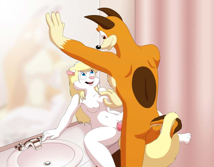 anthro bathroom big_breasts blonde_hair blue_eyes breast_fondling breast_grab breasts butt buttons buttons_(animaniacs) canine erect_nipples erection female fondling fur guimontag hair interspecies long_hair male mammal minerva_mink mink mustelid navel nipples nude open_mouth penetration penis pussy sex smile spread_legs spreading standing straight vaginal vaginal_penetration warner_brothers white_fur