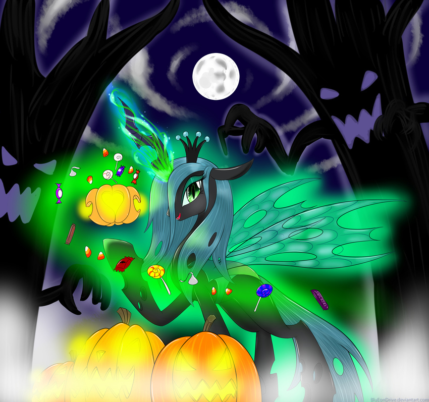 black_body blue_hair blueondrive blumagpie candy candy_corn changeling crown equine fangs female feral fog friendship_is_magic glowing green_eyes hair halloween holidays horn jack_o'_lantern jack_o'_lantern lollipop long_hair looking_at_viewer magic mammal moon my_little_pony night open_mouth pumpkin queen_chrysalis_(mlp) smile solo winged_unicorn wings