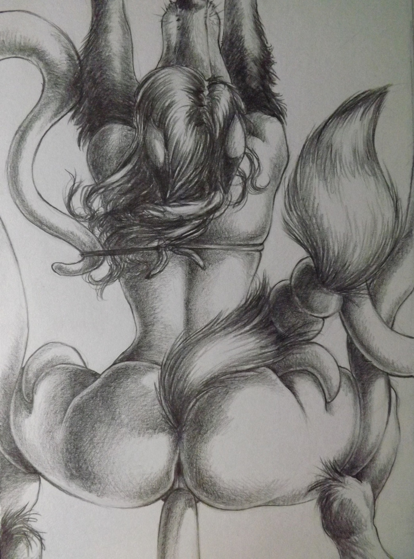 anthro anus ass_up butt canine female forced fox greyscale hair legs_bound long_hair mammal monochrome penetration raised_tail rape sinistervibe solo spread_legs spreading swimsuit tail_bondage tentacle_rape tentacles traditional_media vaginal vaginal_penetration