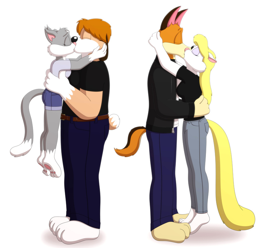 anthro anthrofied blonde_hair breasts buttons buttons_(animaniacs) canine cat chubby clothed clothing couple eyes_closed feline female group guimontag hair interspecies jeans kissing long_hair male mammal minerva_mink mink mustelid plain_background rita_(animaniacs) runt shirt side_view size_difference straight warner_brothers white_background