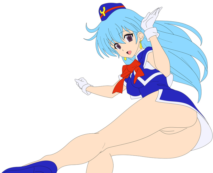 1girl aqua_hair dress earrings gloves highres jewelry legs legs_crossed long_hair miniskirt no_panties photoshop purple_eyes pussy short_dress skirt smile stewardess tenjouin_katsura thighs uncensored vector_trace yat_anshin_uchuu_ryokou