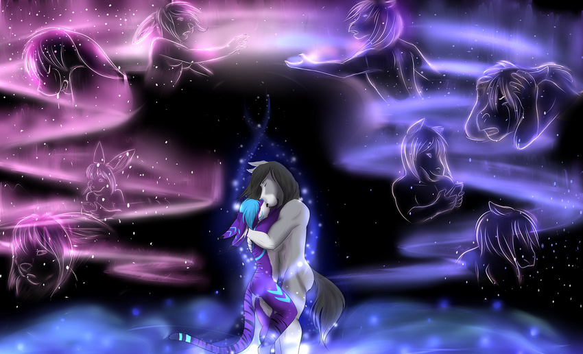 anthro aurora_borealis black_hair blue_hair bruce cabbit cat cloud distance embrace emotion equine feline female fur grey_fur hair hashire horse hug hybrid kissing lagomorph light love male mammal purple_fur rabbit romantic sad sparkle straight white_fur