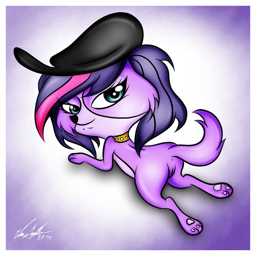 beret blue_eyes canine collar dog ep777 female feral fur hair hat littlest_pet_shop looking_at_viewer looking_back mammal purple_fur purple_hair pussy smile solo two_tone_hair zoe_trent