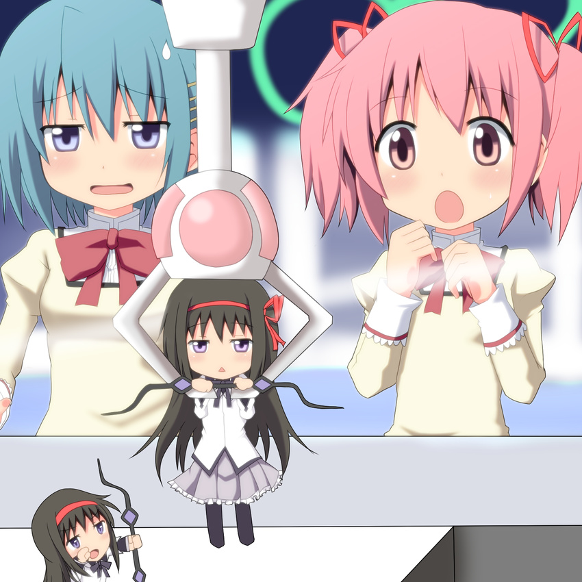 akemi_homura blue_eyes blue_hair bow bow_(weapon) crane_game dual_persona hair_ornament hair_ribbon hairclip highres kaname_madoka long_hair mahou_shoujo_madoka_magica mai_(t-5) miki_sayaka multiple_girls open_mouth pink_eyes pink_hair ribbon school_uniform short_hair skirt sweatdrop twintails weapon