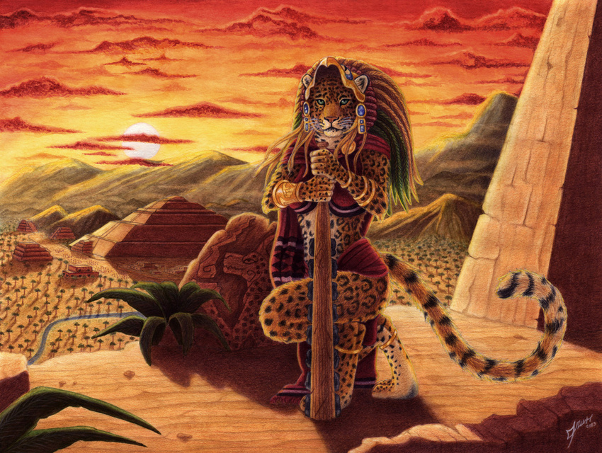 anklet aztec bracelet clothed clothing club crouching feline female fur green_eyes headdress jaguar jewelry leopard looking_at_viewer mammal outside priest pyramid qzurr skimpy solo spots tree tribal weapon yellow_fur