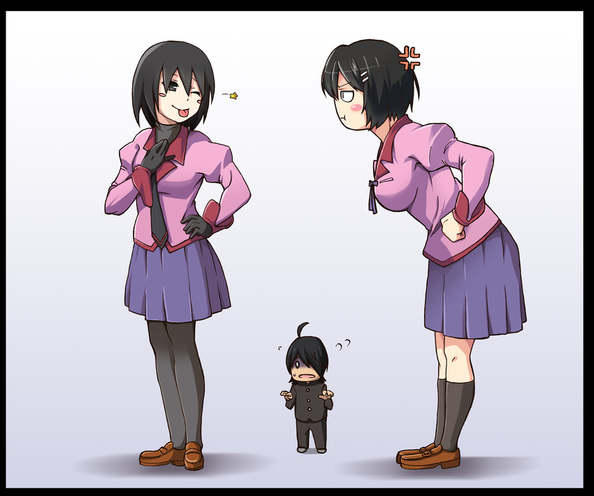 2girls akumu_(hiziiiiii) anger_vein araragi_koyomi black_border black_eyes black_hair blush_stickers border chibi empty_eyes hanekawa_tsubasa highres monogatari_(series) multiple_girls nekomonogatari one_eye_closed oshino_ougi owarimonogatari pantyhose pout school_uniform short_hair tongue tongue_out