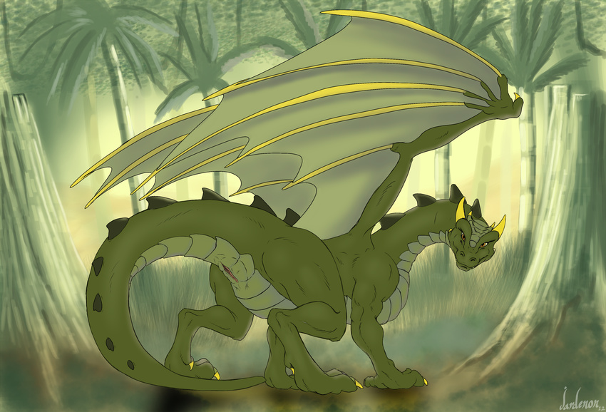2012 all_fours butt claws detailed_background dragon female feral forest green_body green_theme horn jardenon jungle looking_at_viewer looking_back nude pussy solo tree wings