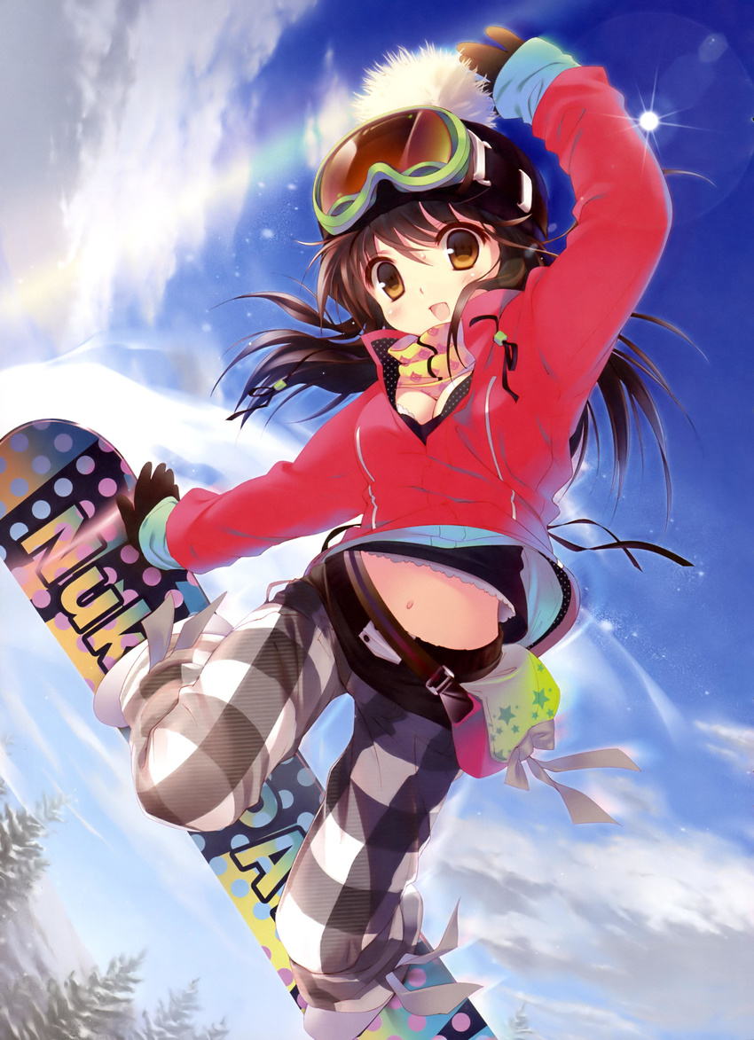 1girl arm_support bag board breasts brown_hair checkered cleavage cloud coat copyright_request from_below gloves goggles goggles_on_head highres jumping large_breasts looking_at_viewer navel open_mouth outdoors santa_matsuri satchel scarf shirt_lift sky smile snow snowboard solo tree winter_clothes winter_coat yellow_eyes