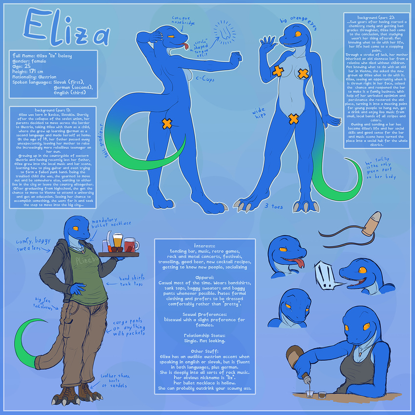 anole blue_body breasts butt claws clothing cocktail eliza_(vader-san) english_text female forked_tongue model_sheet navel necklace nude open_mouth orange_eyes pants pouring shirt shotglass side_boob solo standing sweater tank_top text toe_claws tongue tongue_out vader-san