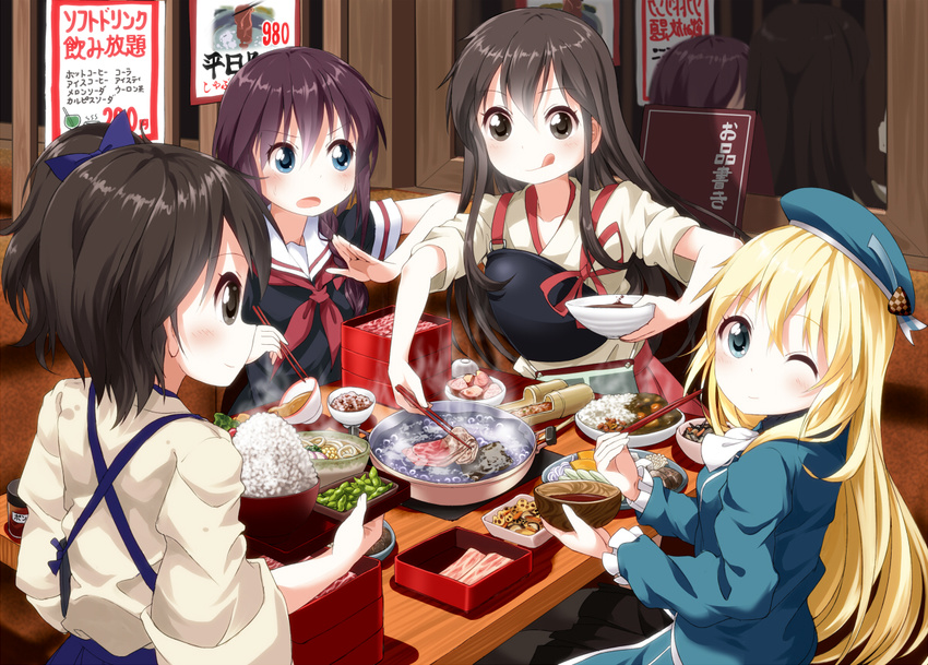 akagi_(kancolle) atago_(kancolle) blue_eyes brown_eyes brown_hair food japanese_clothes kaga_(kancolle) kantai_collection ponytail seifuku shigure_(kancolle) tsurukou_(tksymkw) wink