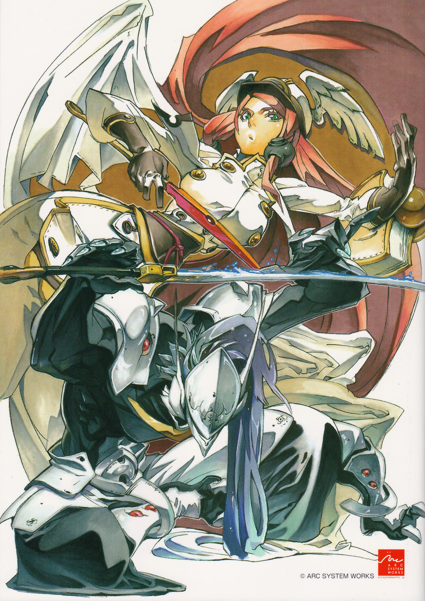 absurdres blazblue blue_eyes blue_hair cape gloves hakama hakumen helmet highres ishiwatari_daisuke japanese_clothes long_hair ponytail red_hair short_sword sword traditional_media tsubaki_yayoi weapon winged_hat