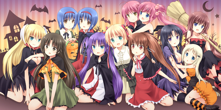 6+girls a-chan_senpai bat bat_wings bell black_hair blonde_hair blue_eyes blue_hair blush breasts broom brown_eyes brown_hair cape cleavage crossdressing dress fang futaki_kanata hair_bell hair_bobbles hair_ornament hair_ribbon hairband halloween highres jack-o'-lantern kamikita_komari kurugaya_yuiko little_busters! long_hair medium_breasts multiple_girls naoe_riki natsume_rin nishizono_midori nishizono_mio noumi_kudryavka open_mouth otoko_no_ko ponytail pumpkin purple_eyes purple_hair red_eyes ribbon saigusa_haruka sasasegawa_sasami satou_aoi short_hair side_ponytail silver_hair smile striped striped_legwear thighhighs tokido_saya twintails wings yellow_eyes