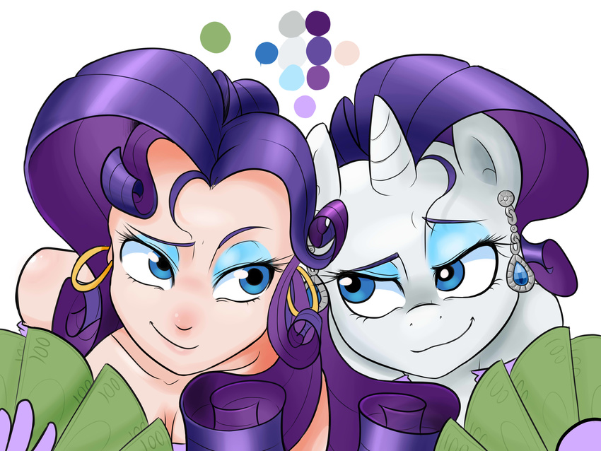 absurd_res blue_eyes cleavage clothed clothing duo equine eyeshadow female friendship_is_magic gem gold hair hi_res horn horse human humanized makeup mammal money mrwes326 my_little_pony piercing pony purple_hair rarity_(mlp) sapphire silver smile unicorn