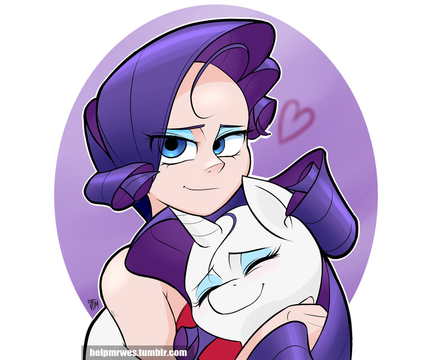 &lt;3 absurd_res blue_eyes clothing dress equine eyes_closed eyeshadow female friendship_is_magic hair hi_res horn horse hug human humanized looking_at_viewer makeup mammal mrwes326 my_little_pony pony purple_hair rarity_(mlp) unicorn