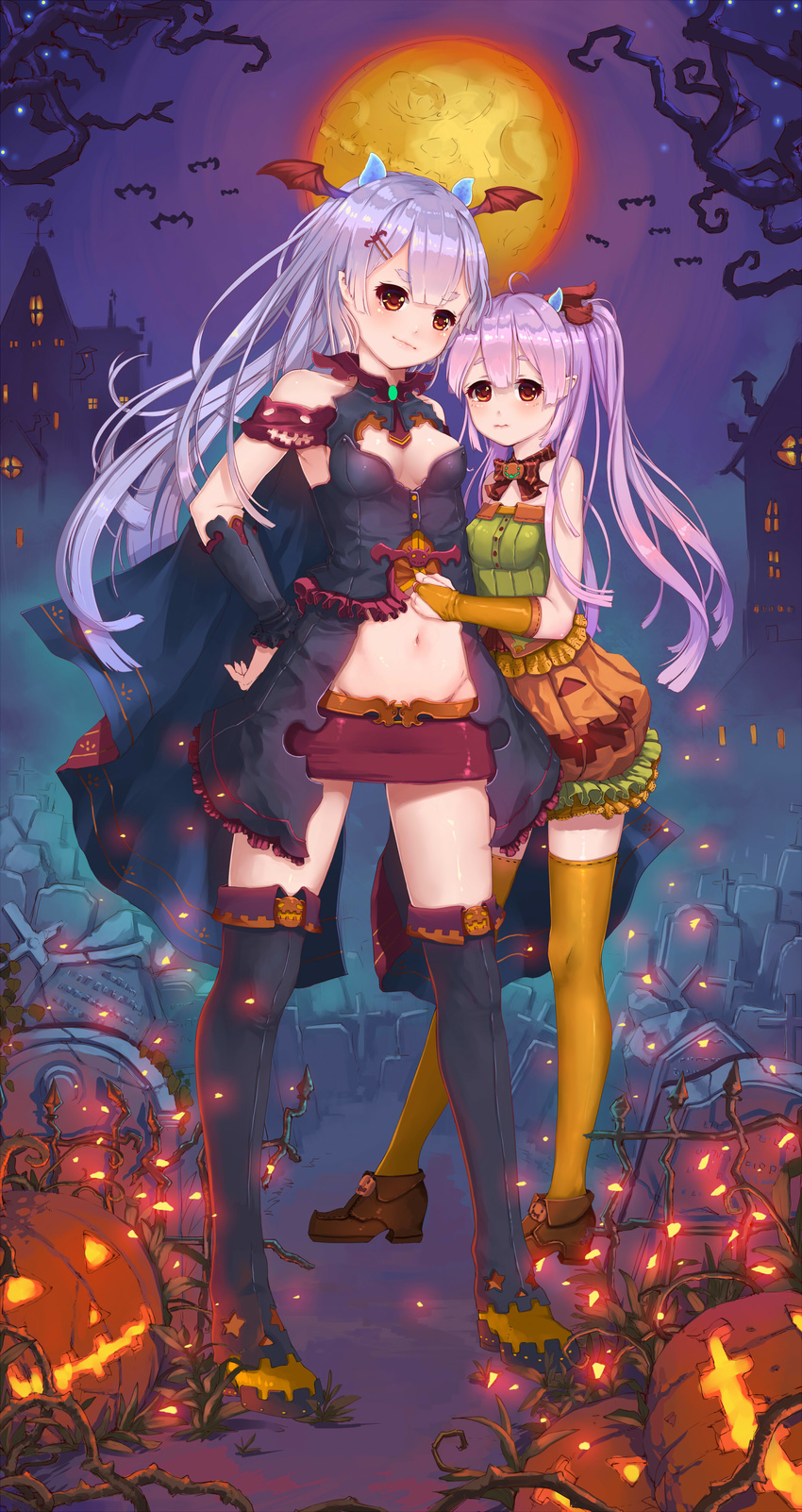 2girls absurdres bangs bat boots bridal_gloves cemetery fangxiang_cuoluan female full_moon graveyard halloween head_wings headstone highres hoko_sakuran jack-o'-lantern jack-o'-lantern midriff moon multiple_girls night off_shoulder original pumpkin skirt thighhighs tombstone vine vines