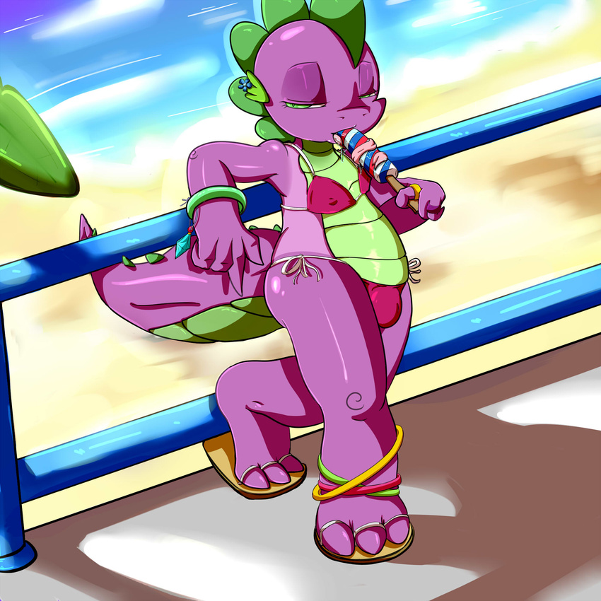 3_toes arm_support beach big_belly bikini bracelet bulge chubby clothed clothing crossdressing day dragon food forefinger friendship_is_magic gay girly green_eyes half-closed_eyes hi_res holding ice_cream jewelry licking long_tongue looking_at_viewer male my_little_pony pose purple_skin ring saliva saurian_(artist) sea seaside seduction seductive shiny shoes side-tie_bikini skimpy solo spike_(mlp) standing suggestive summer swimsuit thick_thighs thongs tongue two_tone_skin water wide_hips