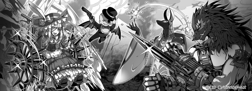 1girl 3boys :d aircraft airplane animal_ears bat_wings black_hat black_jacket_rpg bunny_ears cloud dog_ears dress drill_hair eyepatch fangs flight frills gauntlets gothic_lolita greyscale gun hat holding holding_gun holding_weapon lolita_fashion long_hair looking_at_viewer magic monochrome monster_boy moreshan multiple_boys muscle official_art open_mouth outdoors sitting smile smoke spikes standing tattoo teeth weapon wheelchair wide_sleeves wings wrist_blades