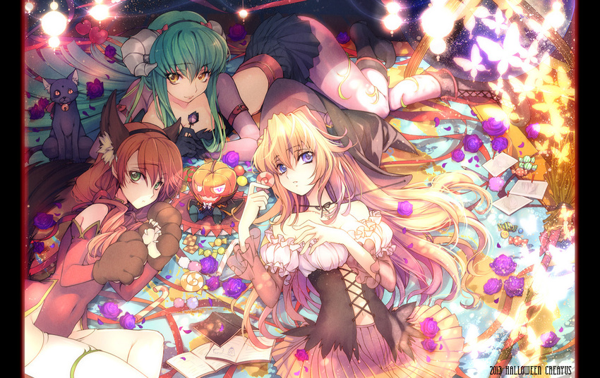 3girls animal_costume animal_ears arthur_(code_geass) blonde_hair blush c.c. cat code_geass code_geass:_boukoku_no_akito code_geass:_oz_the_reflection creayus demon_horns dress food green_eyes green_hair halloween horns jack-o'-lantern leila_(code_geass) long_hair lying multiple_girls oldrin_zevon orange_hair pumpkin purple_eyes yellow_eyes