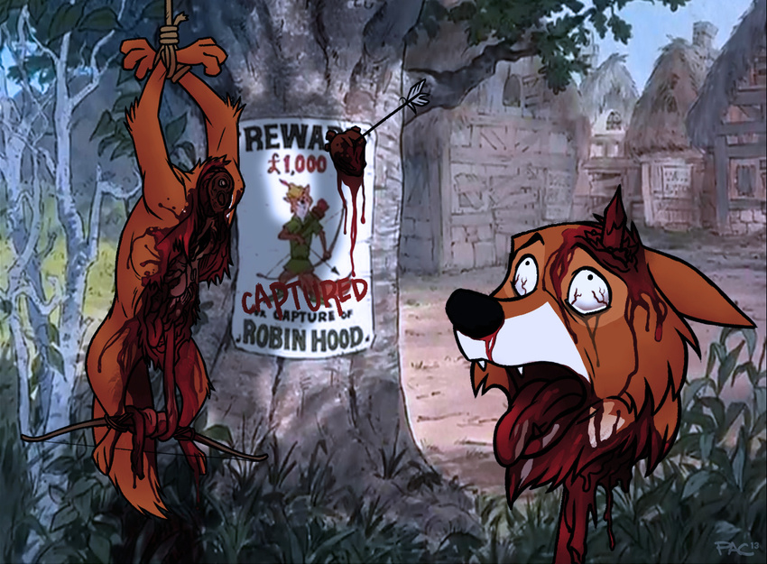anthro arrow avian bird blood bow_(weapon) canine castration dead death decapitation disembowelment disney execution fox fur gore grotesque_death guts hanging headless hood male mammal night open_mouth orange_fur outside pac ranged_weapon robin robin_hood robin_hood_(disney) severed_head solo tongue torture tree weapon