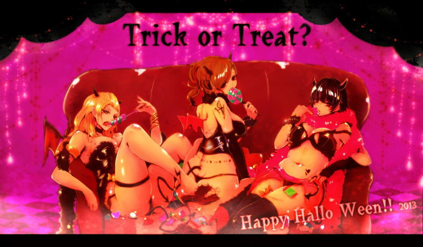 3girls ass breasts candy devil_may_cry halloween high_heels kyrie lady lady_(devil_may_cry) lingerie multiple_girls panmimi thong trish trish_(devil_may_cry) underwear